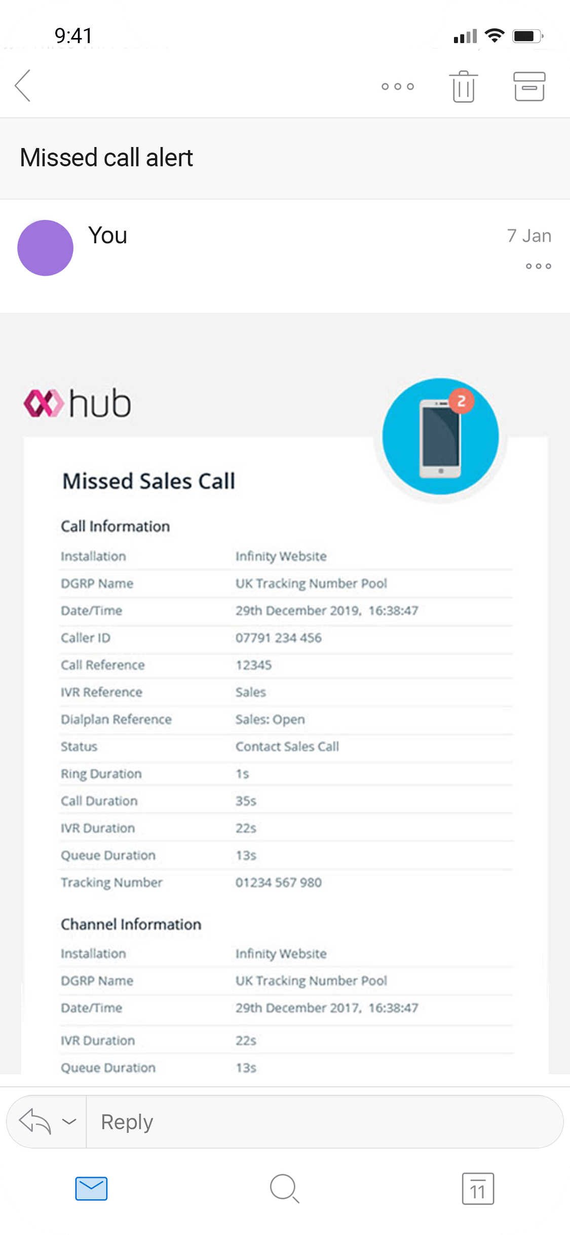Hub - Missed call alert email